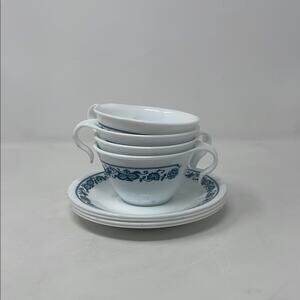4 sets Corelle Corning Old Town Blue Hook Stacking Coffee Tea Cups With Saucers